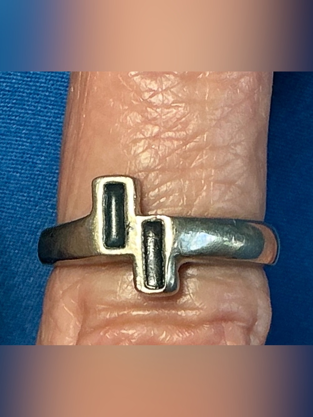 VTG Teal Enamel Geometric Bypass Ring Nickel Minimalist Modernist Band Sz 5.75